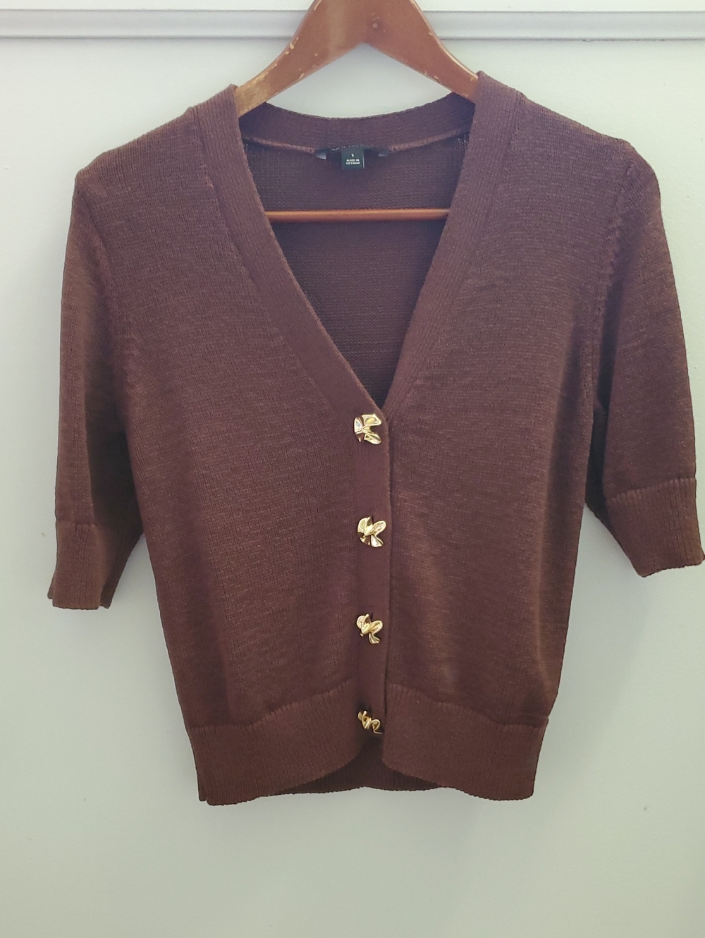 Ann Taylor Brown Cardigan Half Sleeve Wrinkle Gold Tone Buttons Size Small